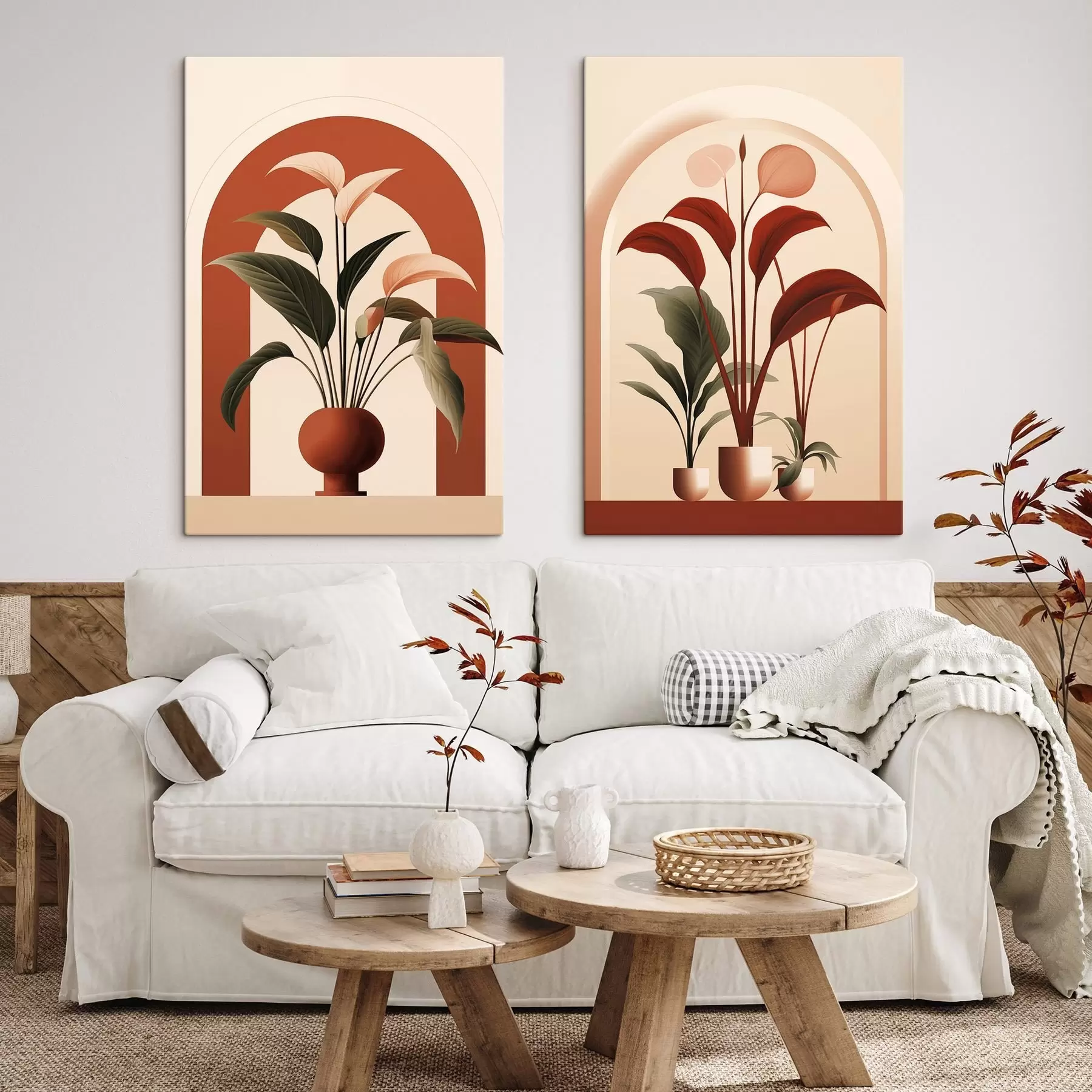 Obraz Abstraktní rostliny v květináčích s velkými zelenými a červenými listy před krémově zbarveným obloukem Č. m01124