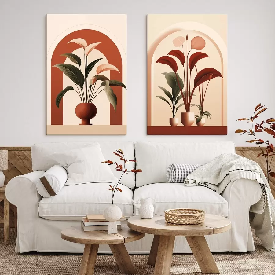 Obraz Abstraktní rostliny v květináčích s velkými zelenými a červenými listy před krémově zbarveným obloukem Č. m01124