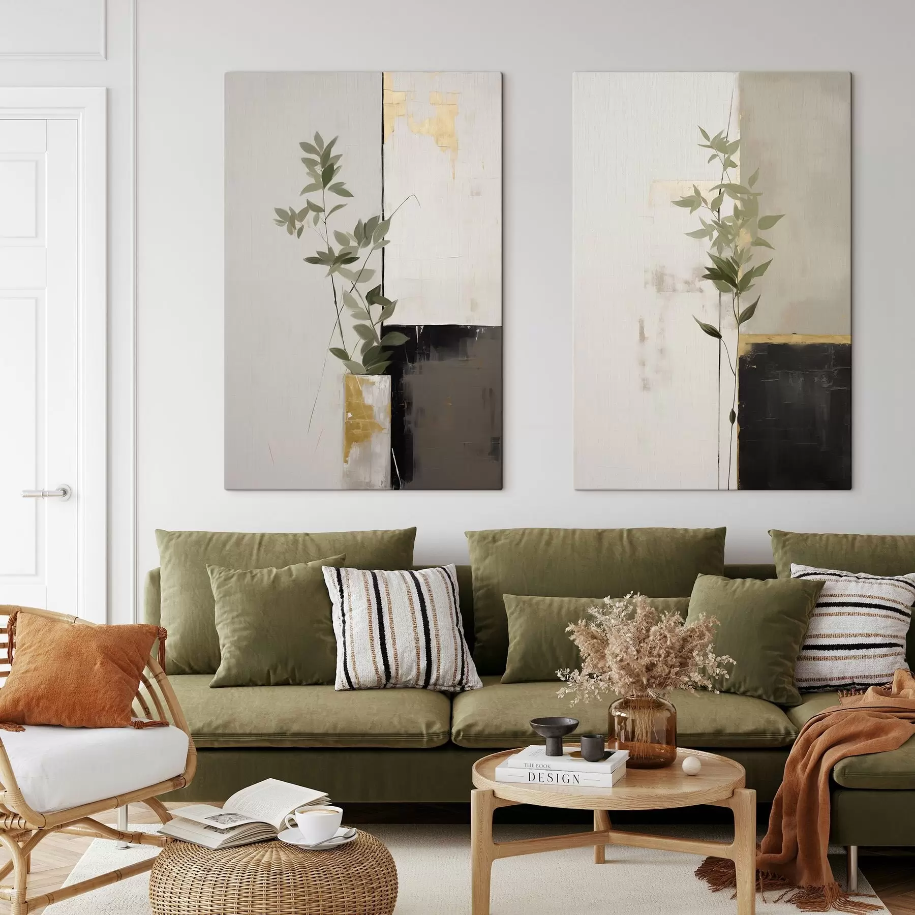 Obraz Minimalistický texturovaný obraz vázy se zelenými listy na pozadí abstraktních geometrických tvarů Č. m01126