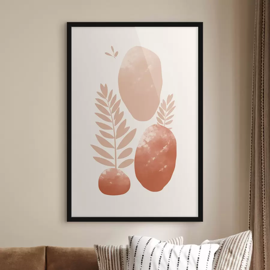 Fototapet Abstraktní tvary, texturované kameny a listy v tlumených broskvových a terakotových tónech, minimalistické, krémové pozadí f47012