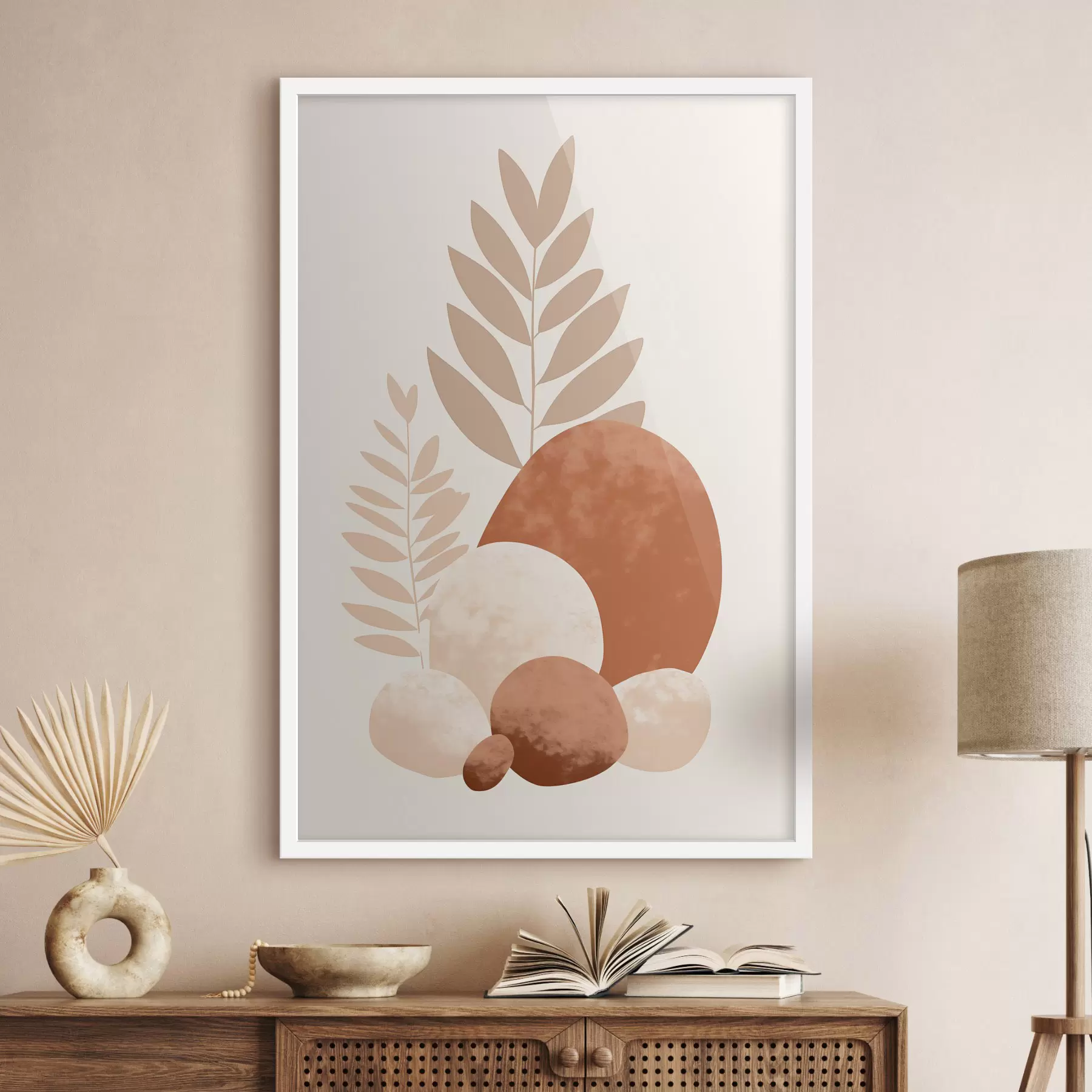 Fototapet Abstraktní tvary, texturované kameny a listy v tlumených broskvových a terakotových tónech, minimalistické, krémové pozadí f47013