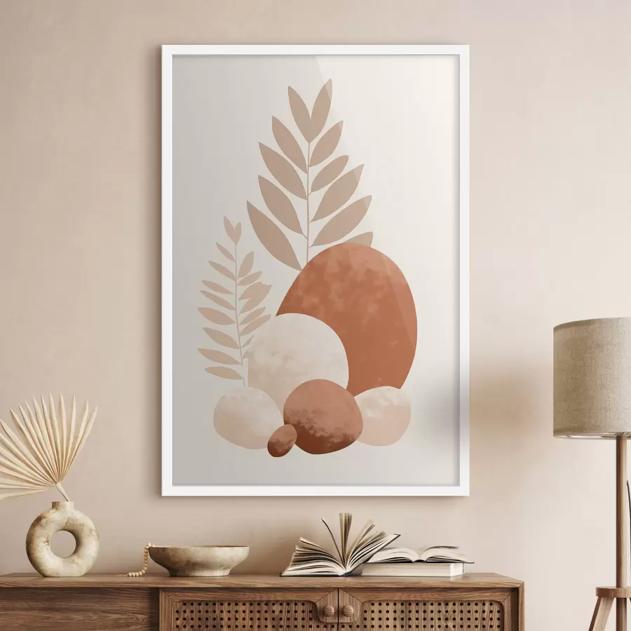 Fototapet Abstraktní tvary, texturované kameny a listy v tlumených broskvových a terakotových tónech, minimalistické, krémové pozadí f47013