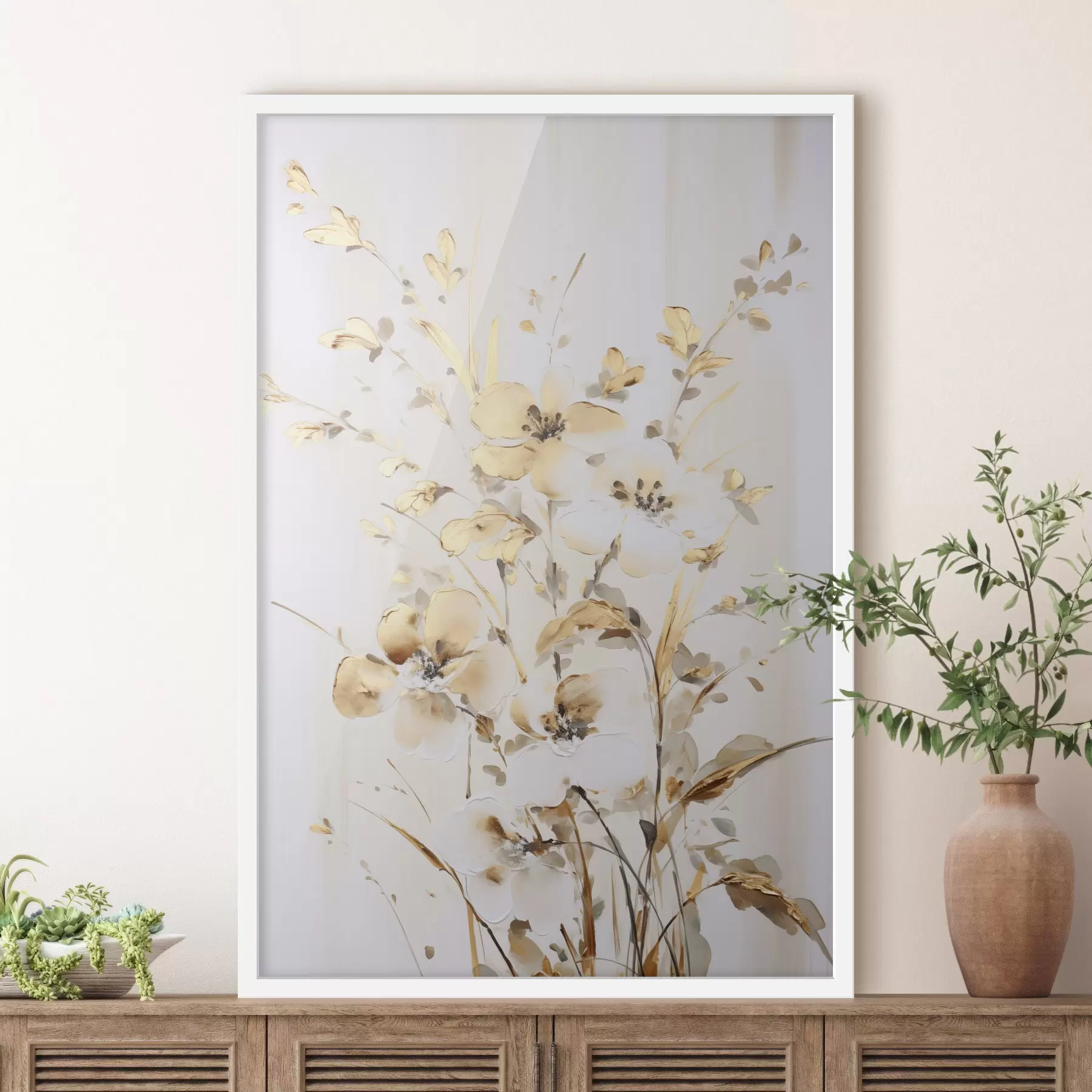 Fototapet Žluté květy a listy s texturou na bílém pozadí, s jemnými tahy štětcem f47017