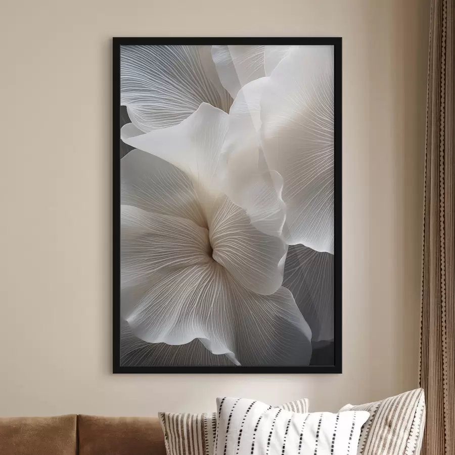 Fototapet Detailní záběr jemných abstraktních bílých okvětních lístků s komplikovanými liniemi a rozmazaným tmavým pozadím f47019