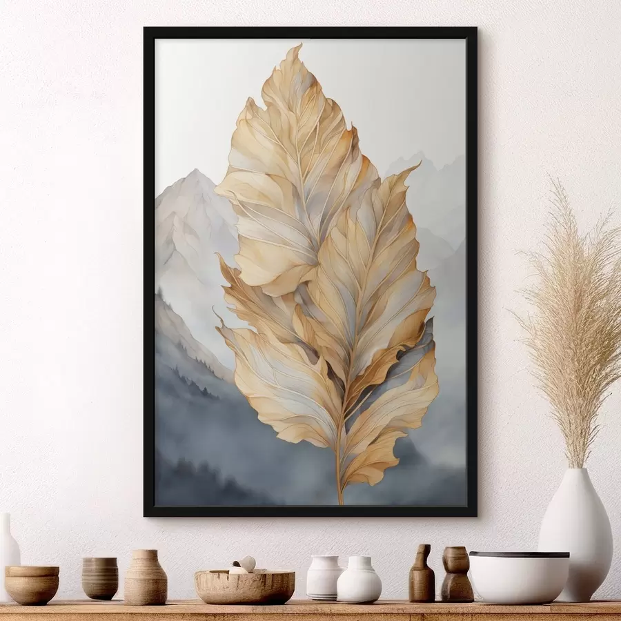 Fototapet Abstraktní velké žluté a hnědé listy se složitými detaily na pozadí horské krajiny f47022