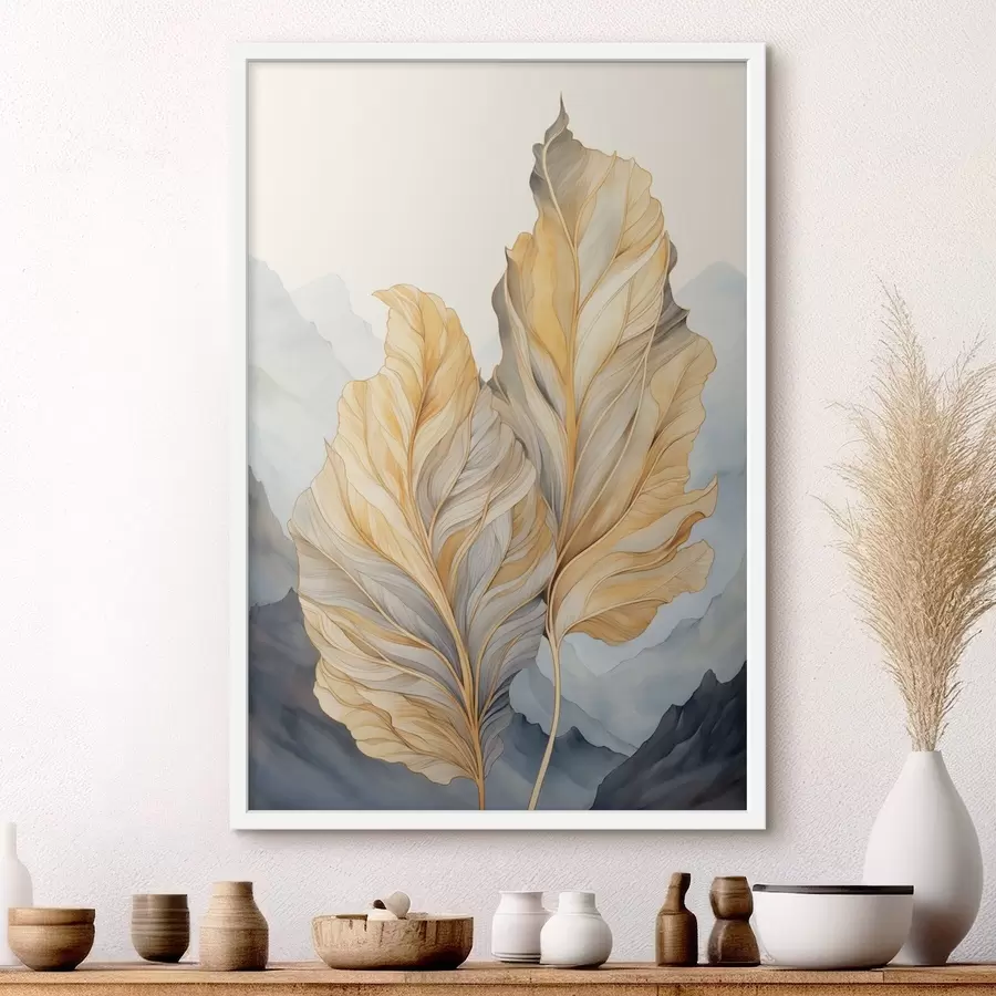 Fototapet Abstraktní velké žluté a hnědé listy se složitými detaily na pozadí horské krajiny f47023