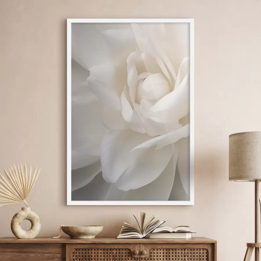Fototapet Abstraktní bílá květina s jemnými, vrstvenými okvětními lístky, minimalistické umění f47025