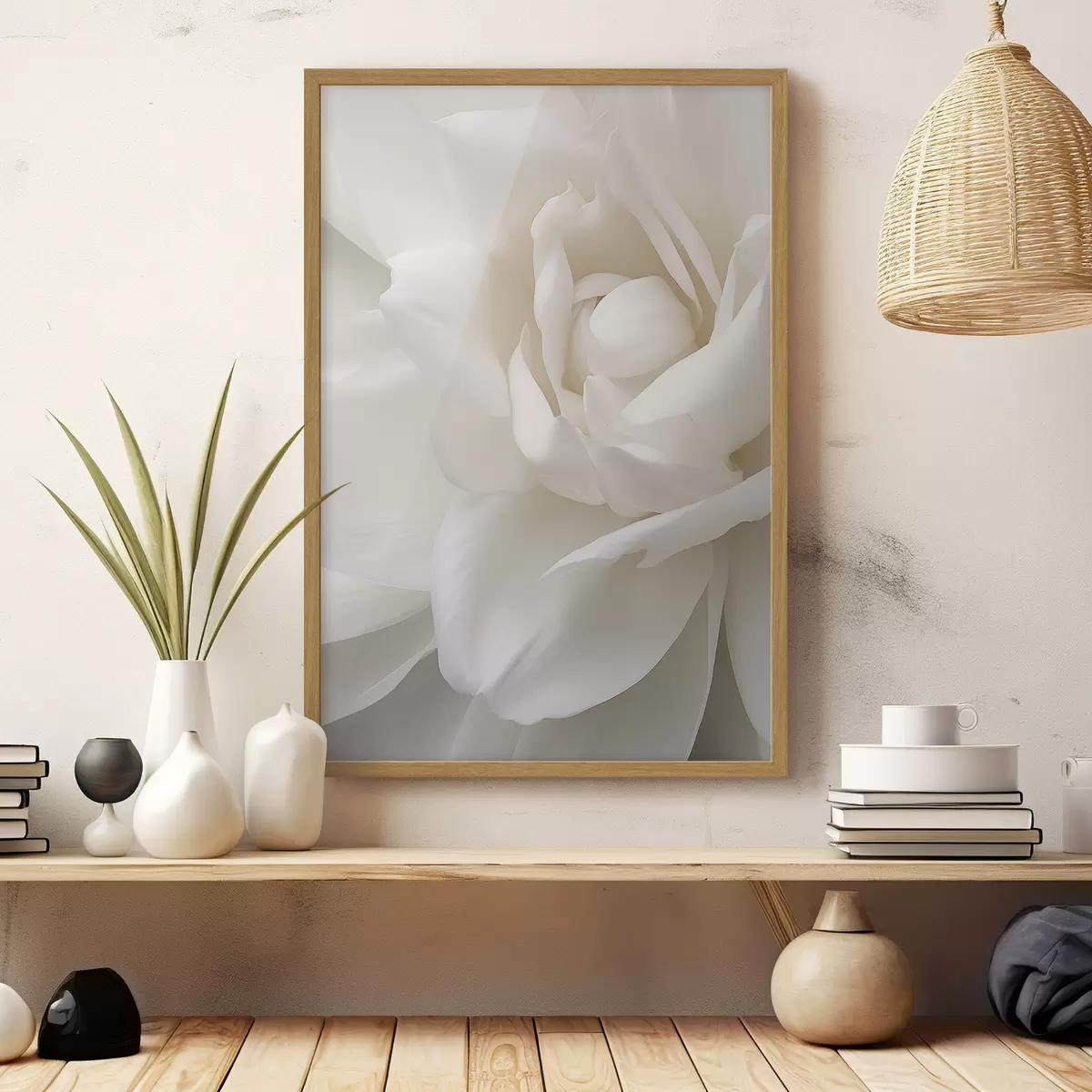 Poster Abstraktní bílá květina s jemnými, vrstvenými okvětními lístky, minimalistické umění f47025