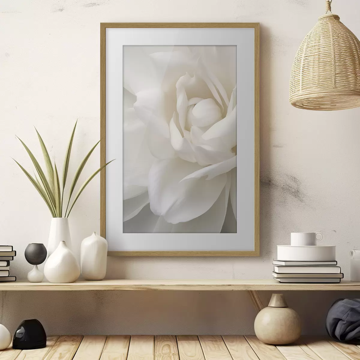 Poster Abstraktní bílá květina s jemnými, vrstvenými okvětními lístky, minimalistické umění f47025