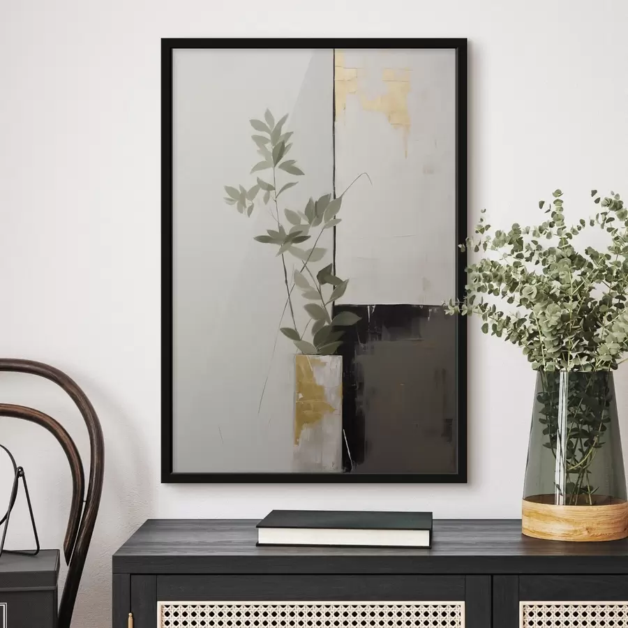 Fototapet Minimalistický texturovaný obraz vázy se zelenými listy na pozadí abstraktních geometrických tvarů. f47036