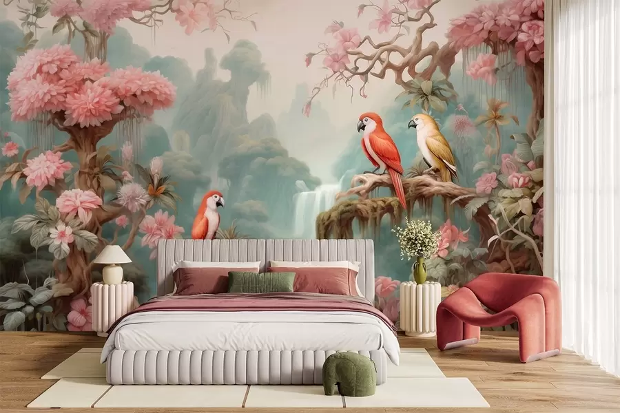 Fototapet Pohádkový tropický les s papoušky, kvetoucími stromy s růžovými květy a vodopádem w09580