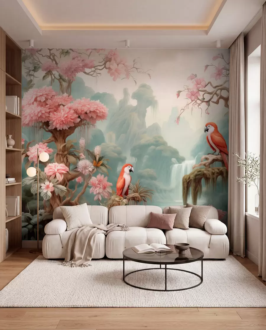 Fototapet Pohádkový tropický les s papoušky, kvetoucími stromy s růžovými květy a vodopádem w09580