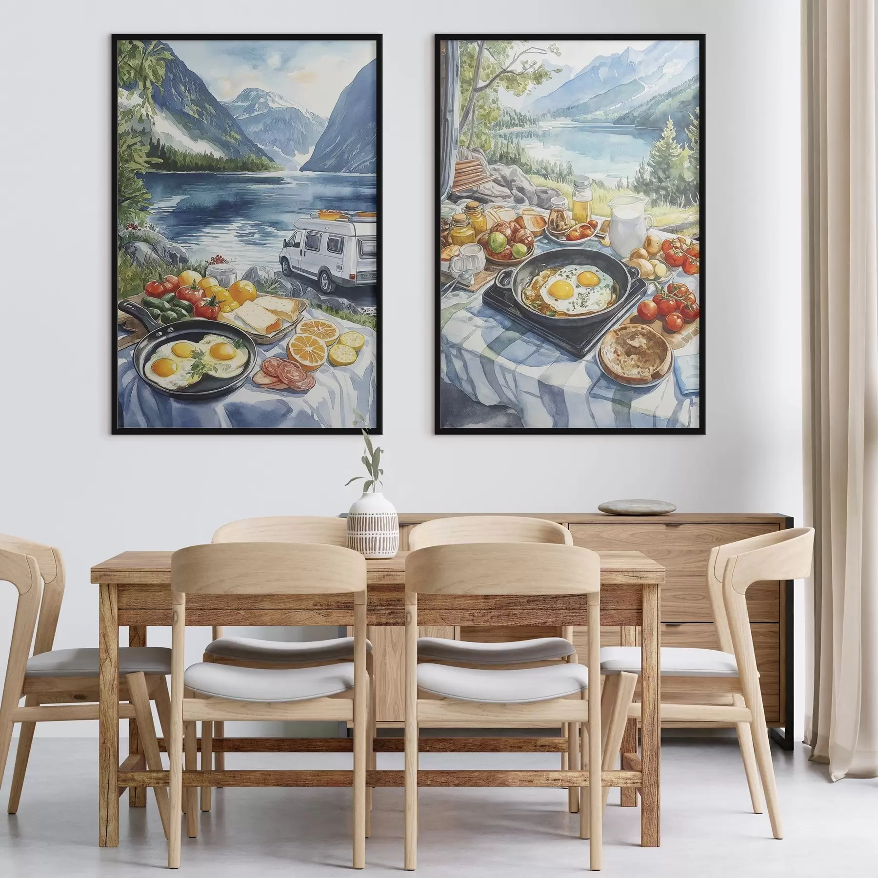 Fototapet Snídaně v přírodě, cestování, venkovní bydlení, akvarel, Norsko d00404