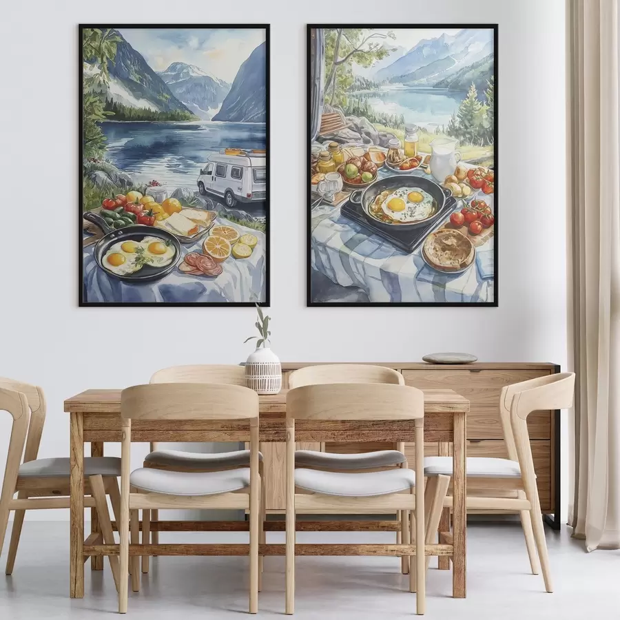 Fototapet Snídaně v přírodě, cestování, venkovní bydlení, akvarel, Norsko d00404