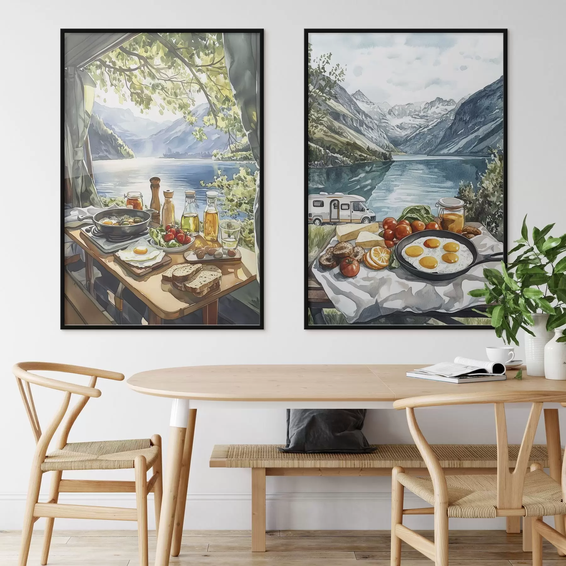 Fototapet Kempování, estetická snídaně u jezera, akvarelový styl d00405