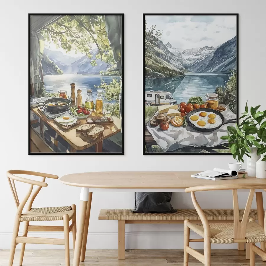 Fototapet Kempování, estetická snídaně u jezera, akvarelový styl d00405