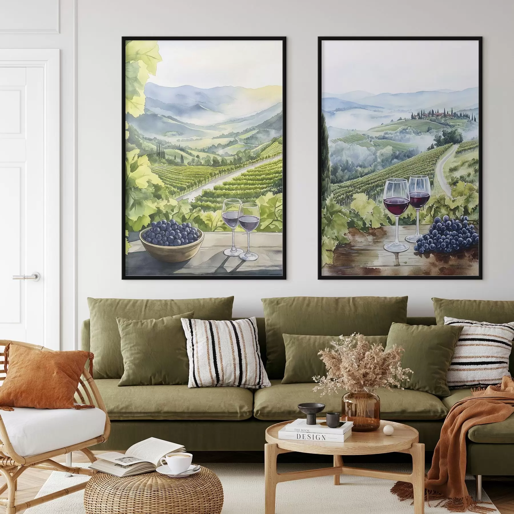 Fototapet Krásné toskánské krajiny, vinné sklípky, sklenice na víno, akvarel, Itálie d00408