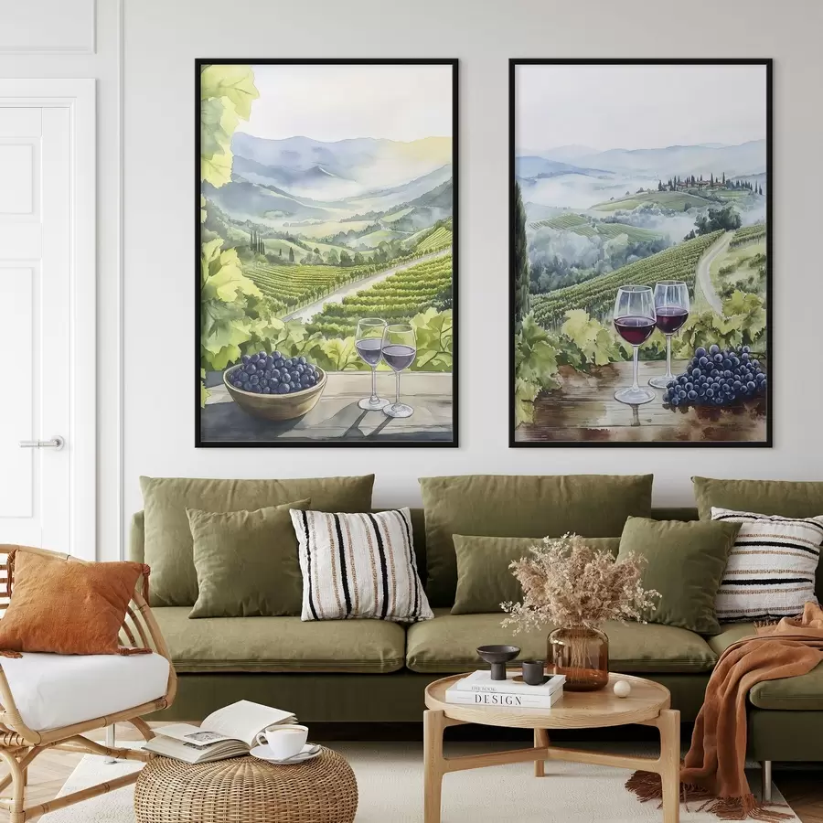 Fototapet Krásné toskánské krajiny, vinné sklípky, sklenice na víno, akvarel, Itálie d00408