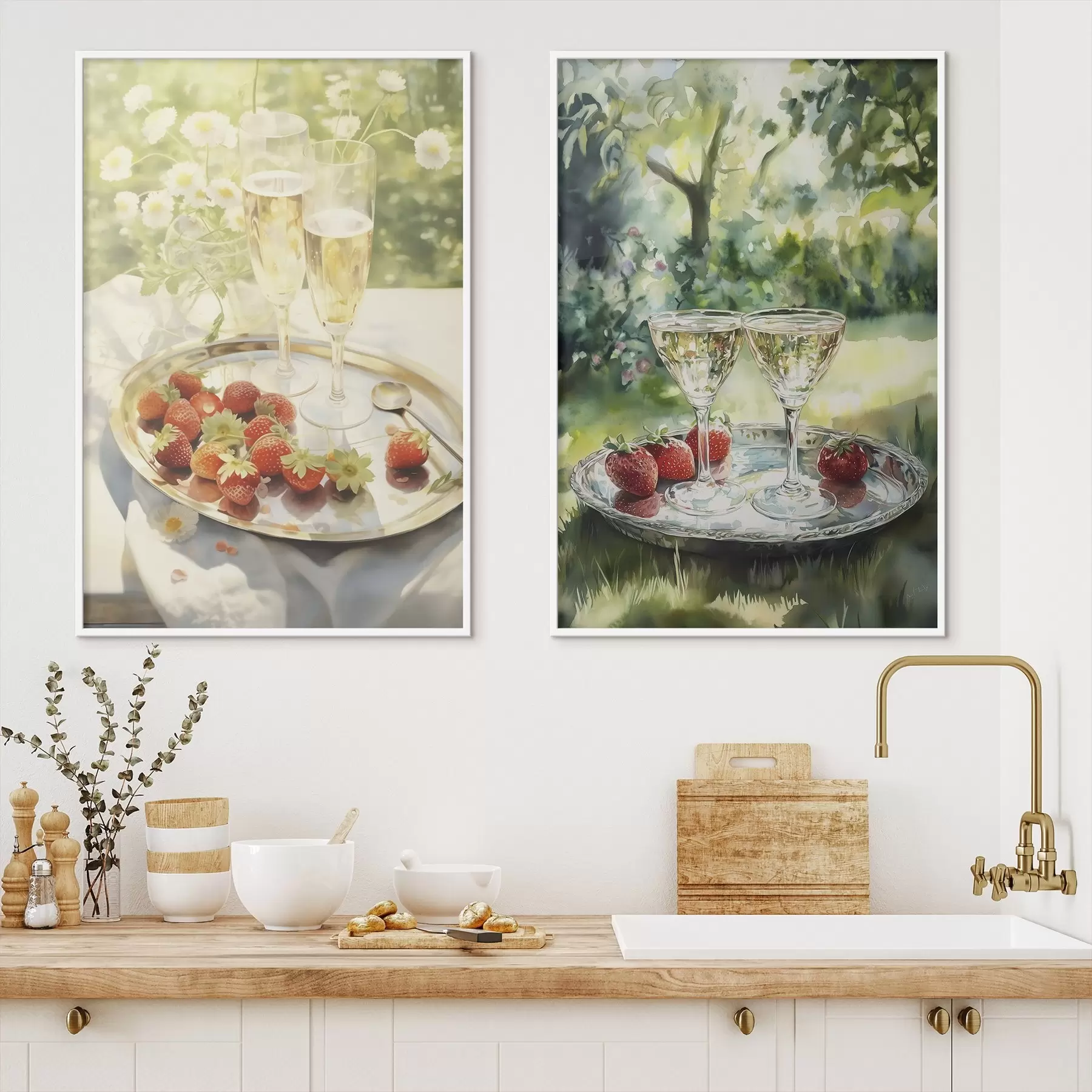 Fototapet Letní piknik, sklenice na šampaňské s jahodami na podnose, heřmánkové květy d00414