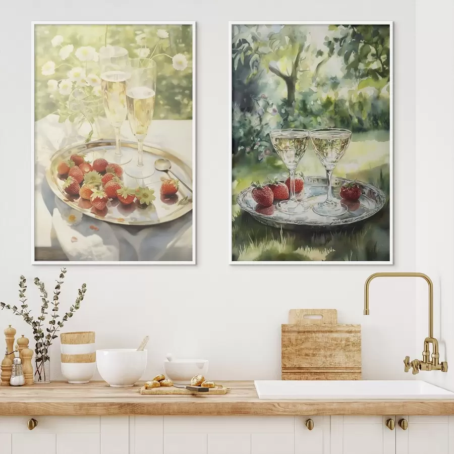 Fototapet Letní piknik, sklenice na šampaňské s jahodami na podnose, heřmánkové květy d00414