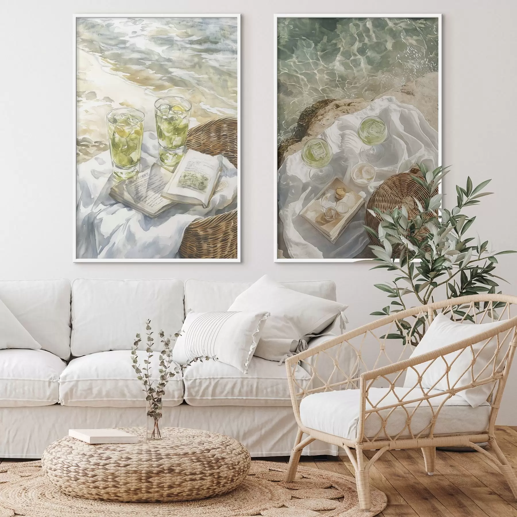 Fototapet Koktejly na pláži, kresba ve stylu akvarelu, oceán, letní piknik d00417