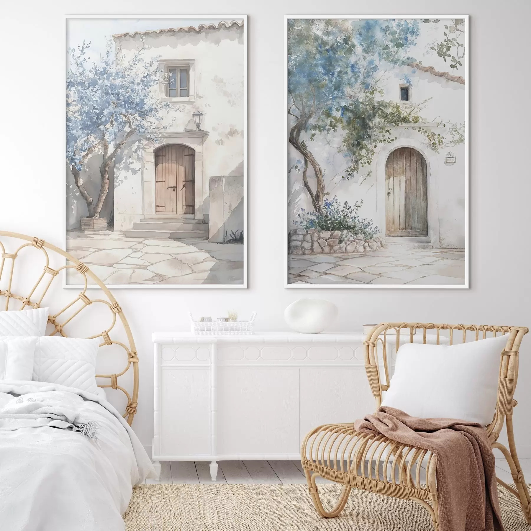 Fototapet Řecké bílé domy s kvetoucími stromy, středomořský, akvarelový styl kresby d00419