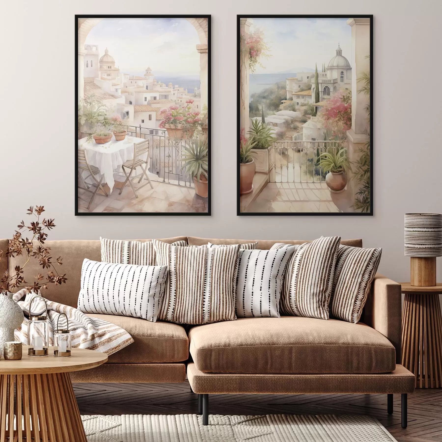 Fototapet Západ slunce na balkoně, architektura, kvetoucí květiny, akvarel, středomořský styl d00420