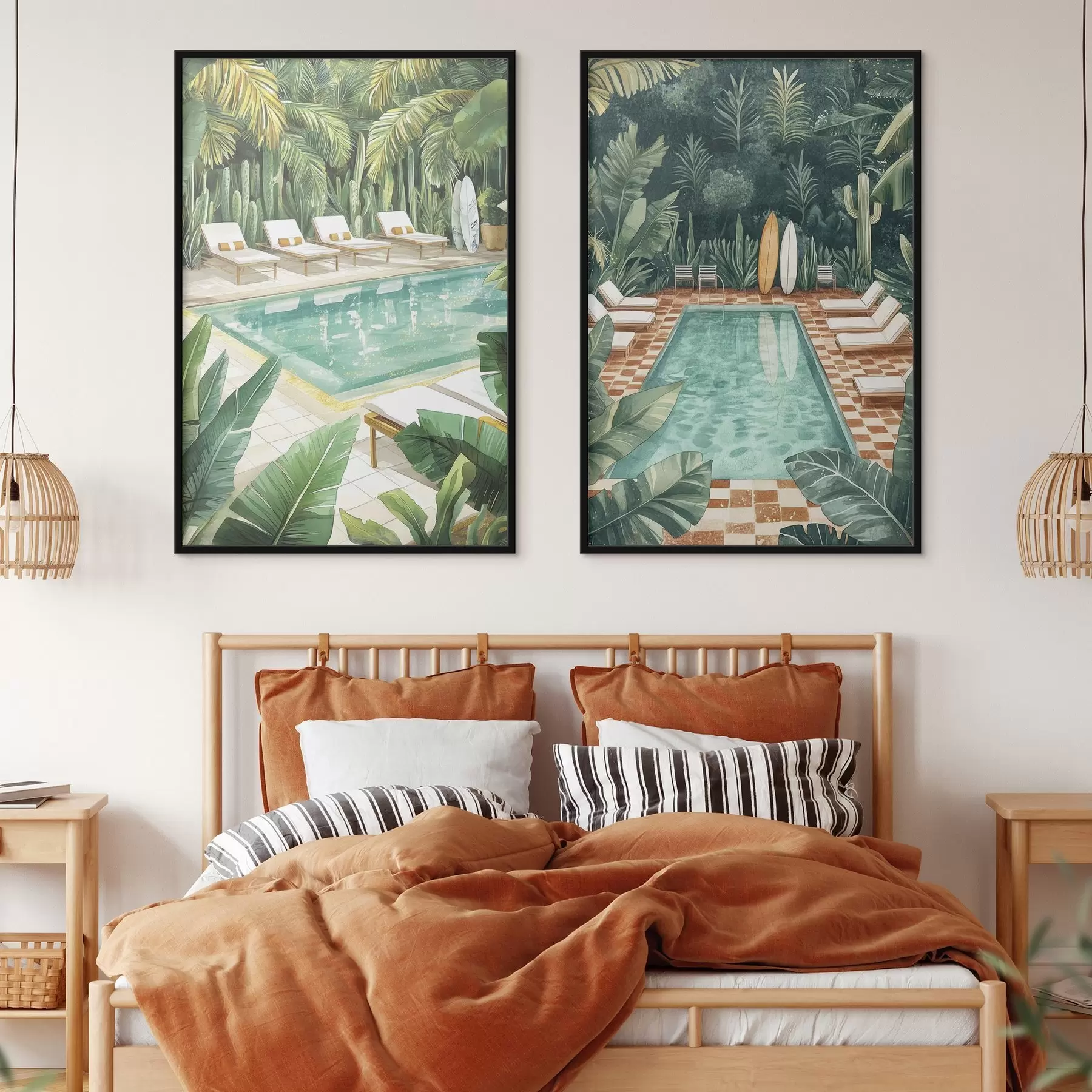 Fototapet Letní bazén, vinobraní, tropický les, zeleň, palmy, akvarelový styl d00422