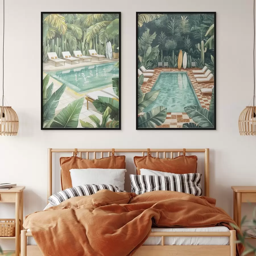 Fototapet Letní bazén, vinobraní, tropický les, zeleň, palmy, akvarelový styl d00422