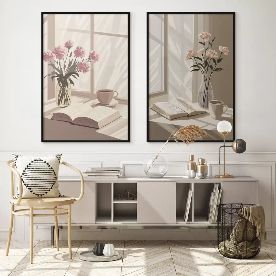 Fototapet Abstrakce, ranní estetika, šálek kávy, kniha, květiny d00448