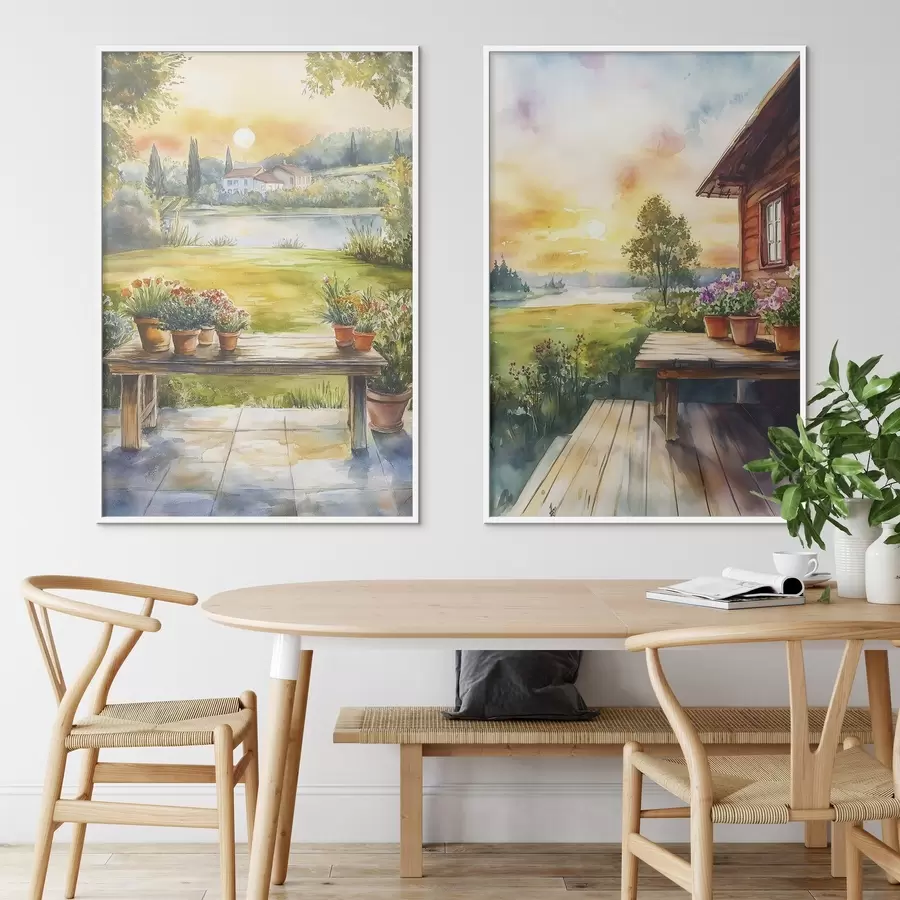 Fototapet Letní vesnice, západ slunce, rustikální, květiny, jezero, akvarelový styl d00449