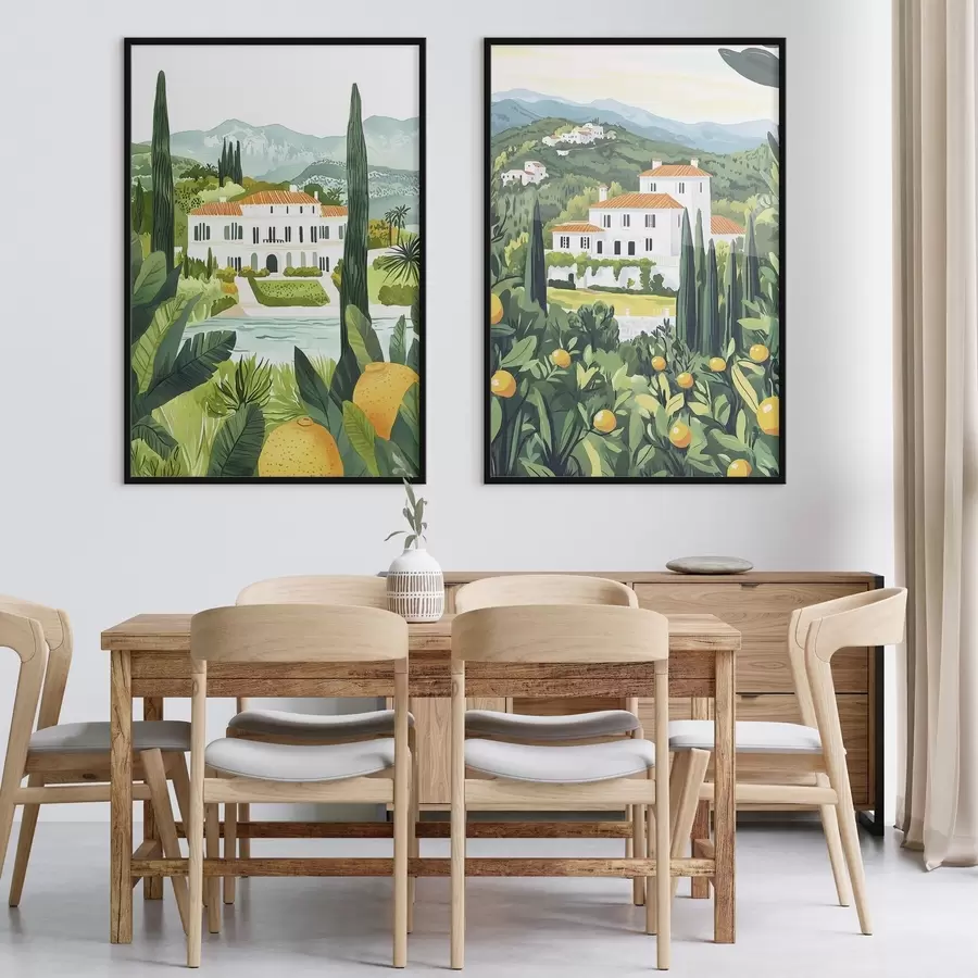 Fototapet Středomořská krajina se stromy a domy, mořské pobřeží, Španělsko d00450