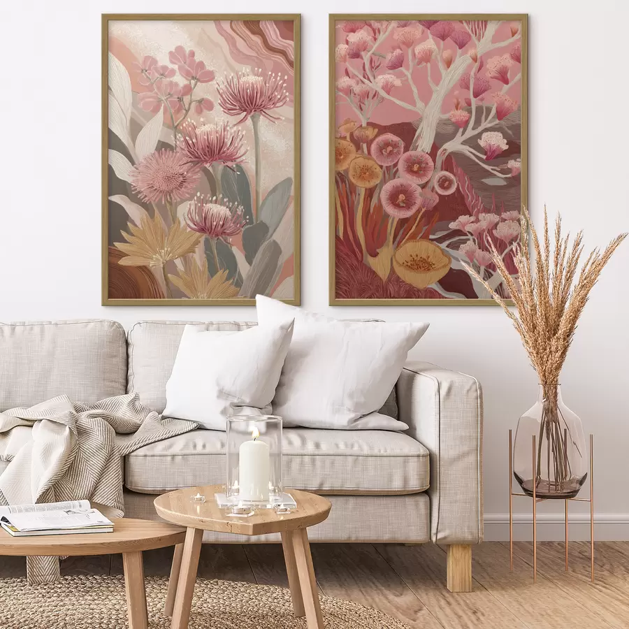 Fototapet Květiny v boho stylu, detailní kresba, vínové barvy d00476
