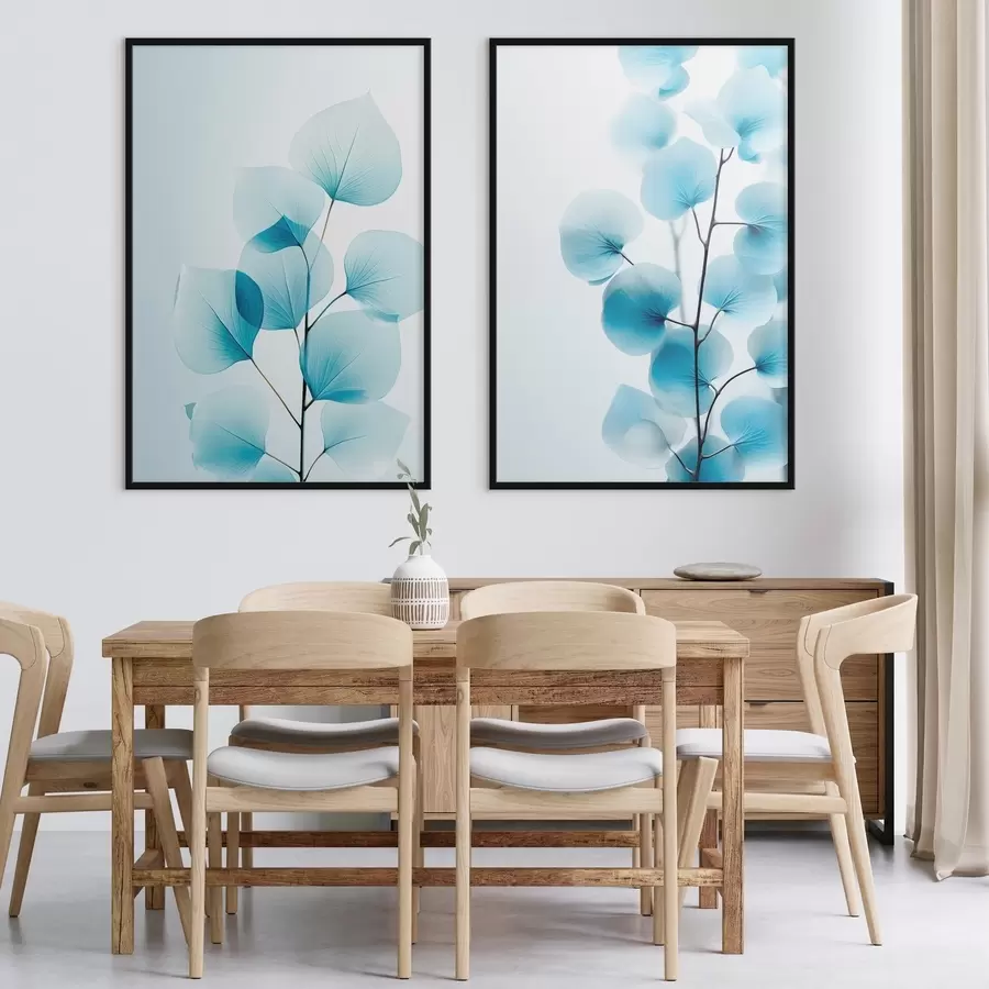 Fototapet Větev s průsvitnými modrými listy, viditelné jemné žilky, lehká a klidná kompozice, minimalistická estetika d00522