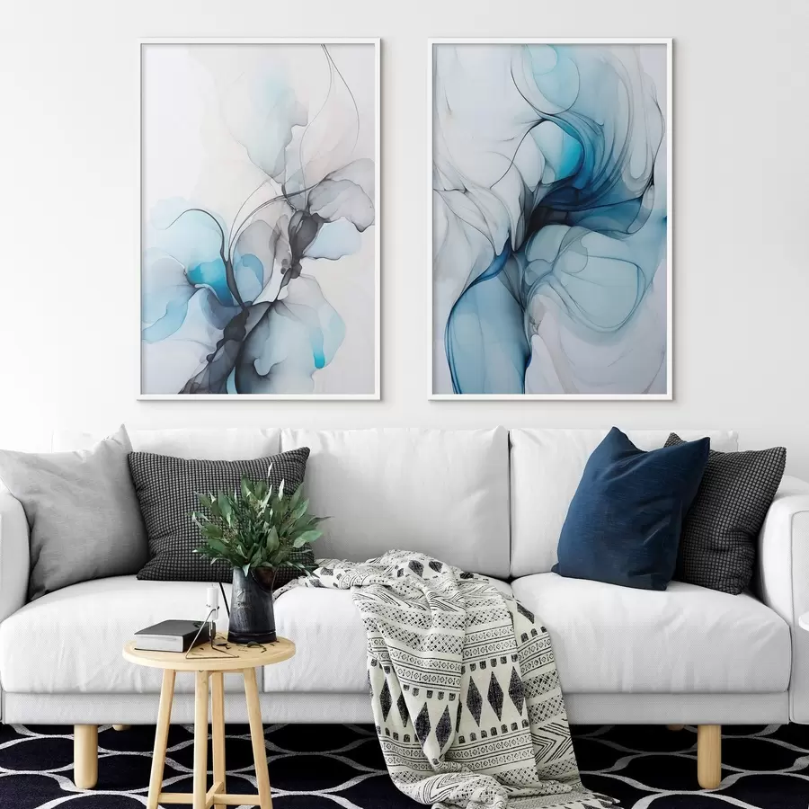 Fototapet Abstraktní kompozice s plynulými liniemi a průsvitnými okvětními lístky v odstínech modré, bílé a béžové, imitace lihového inkoustu d00523