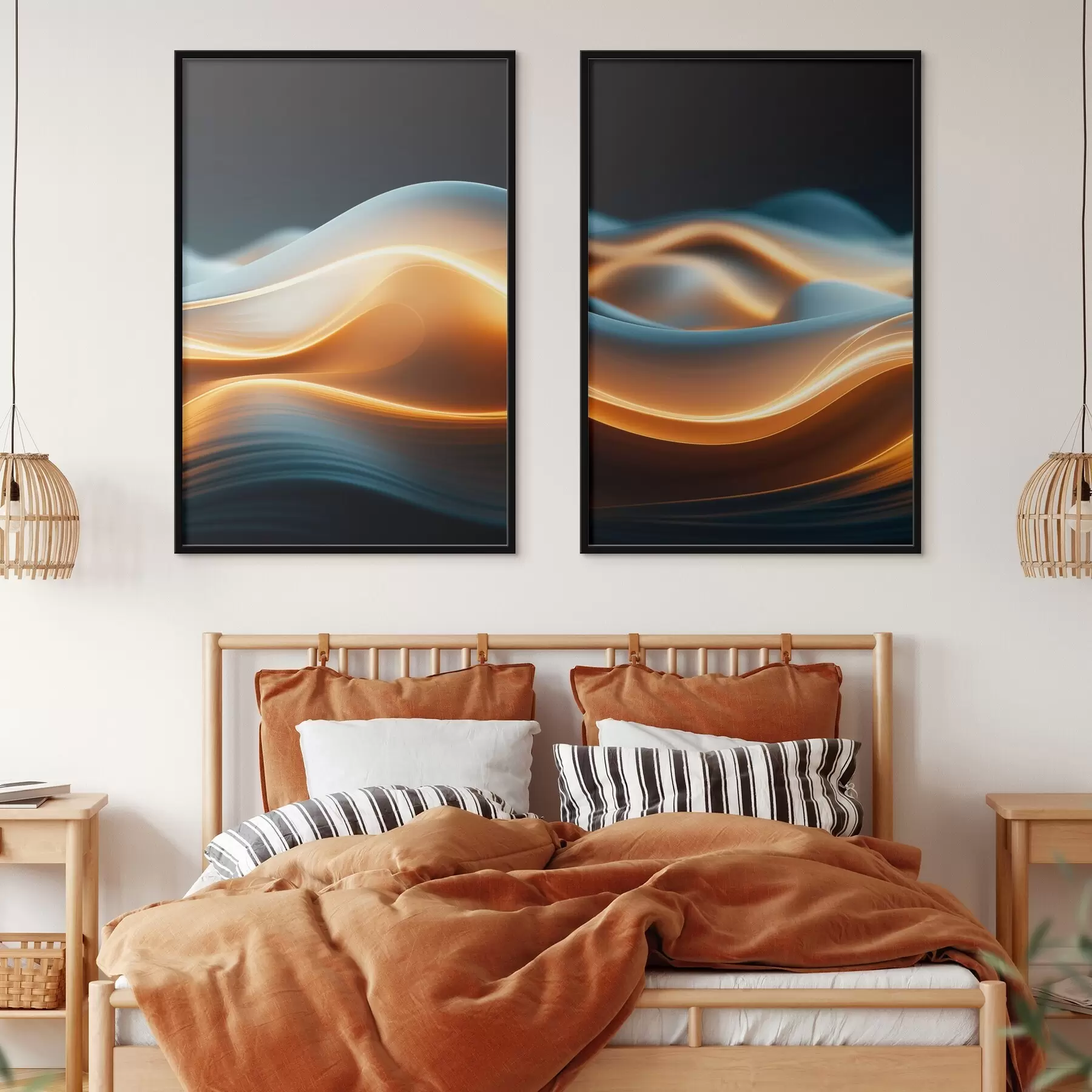 Fototapet Abstraktní tekoucí tvary s oranžovými liniemi, hladké křivky a linie, dynamická kompozice, tmavé pozadí d00526