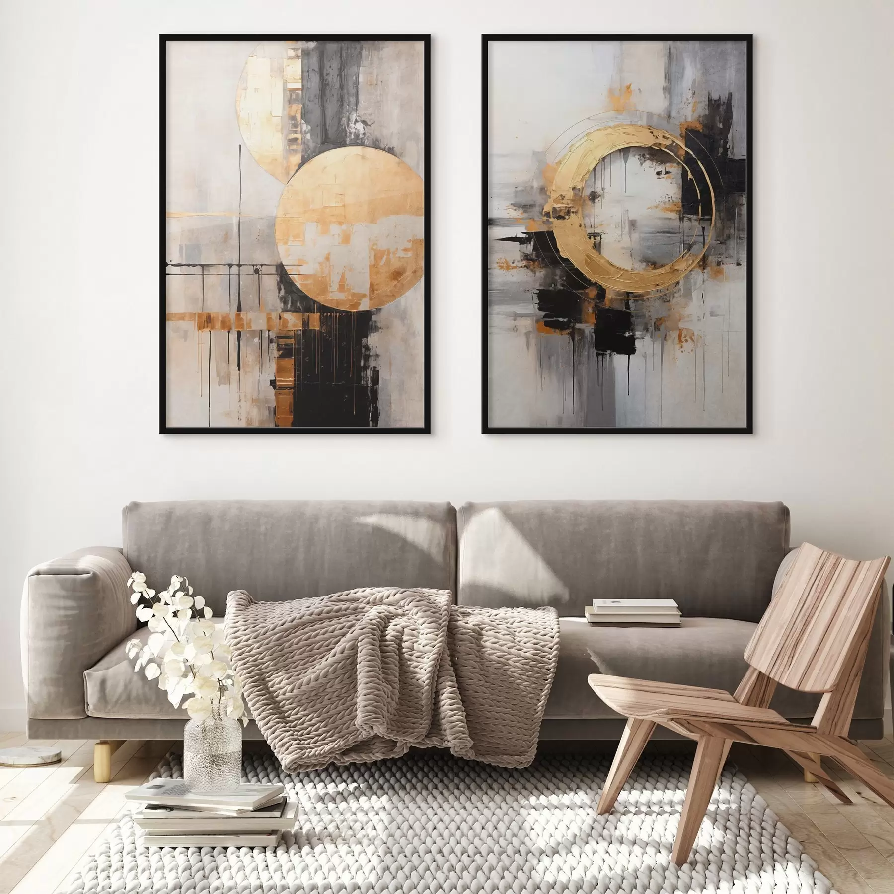 Fototapet Abstraktní malba s kruhy, černými a žlutými liniemi a pozadím v šedých a bílých tónech d00527