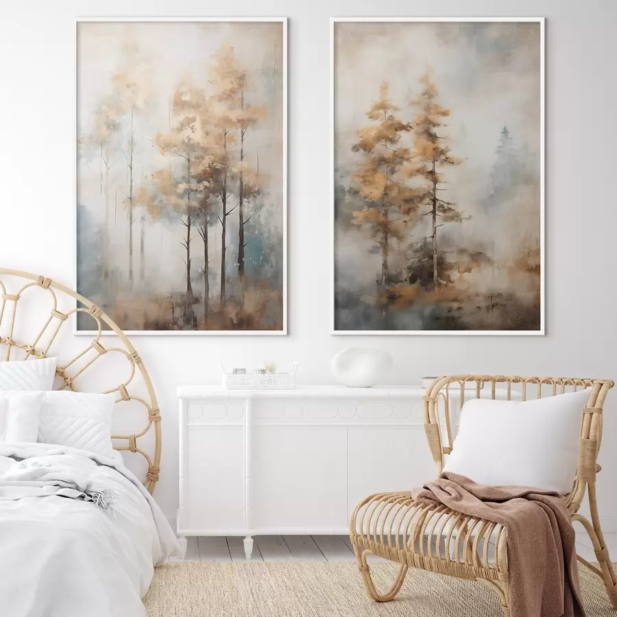 Fototapet Texturované vysoké stromy se žlutými listy v lese , pozadí je směs jemných modrých a hnědých tónů d00528