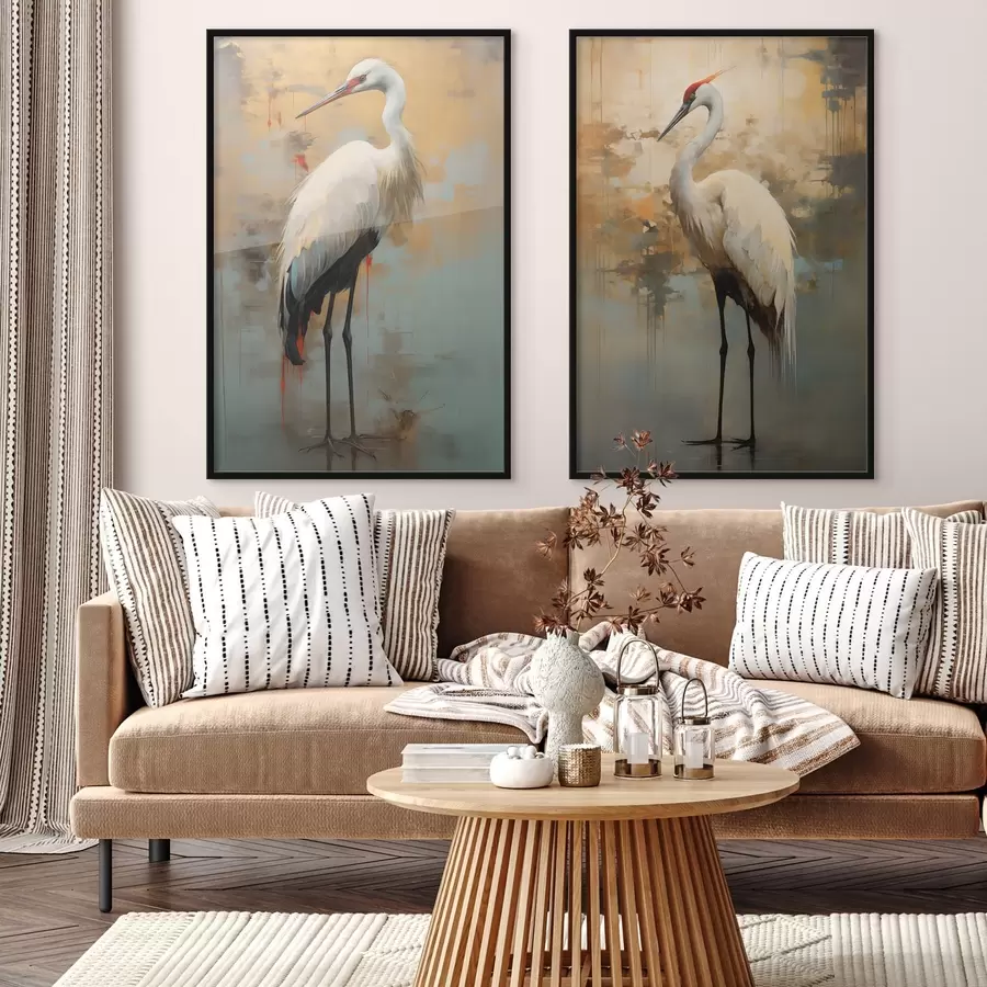 Fototapet Bílá volavka na pozadí tlumených žlutých, hnědých a modrých odstínů naznačujících mlhavou abstraktní krajinu d00530