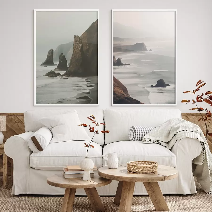 Fototapet Skalnaté útesy a mořské pobřeží, vlny narážející na břeh,krajina s náladovou atmosférou, zemité tóny d00531