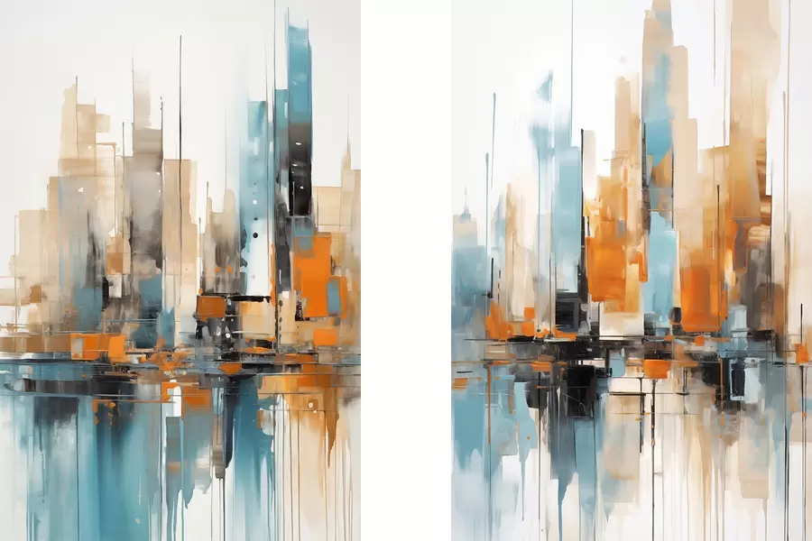 Fototapet Abstraktní městská krajina s vertikálními tahy štětcem v odstínech oranžové, modré a bílé, malířský styl d00876