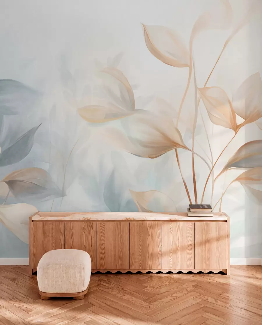 Fototapet Jemné, delikátní, průsvitné listy v tlumených odstínech béžové, broskvové a světle modré barvy, texturované pastelové umění w09607