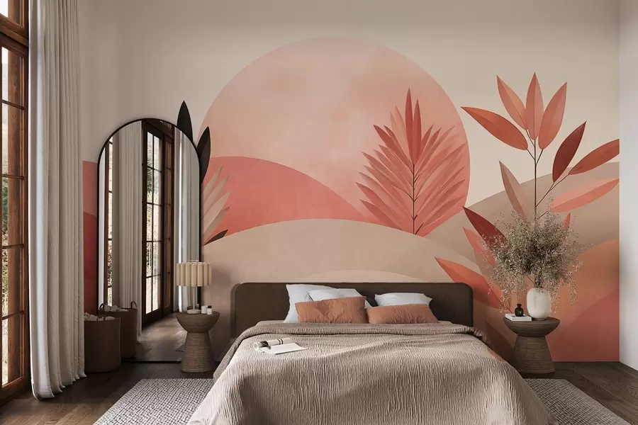 Fototapet Abstraktní boho krajina, slunce za zvlněnými kopci, rostliny v popředí, minimalistické, texturované, tlumené barvy w09608