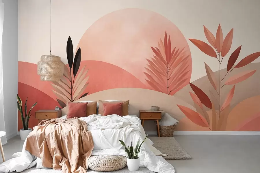 Fototapet Abstraktní boho krajina, slunce za zvlněnými kopci, rostliny v popředí, minimalistické, texturované, tlumené barvy w09608