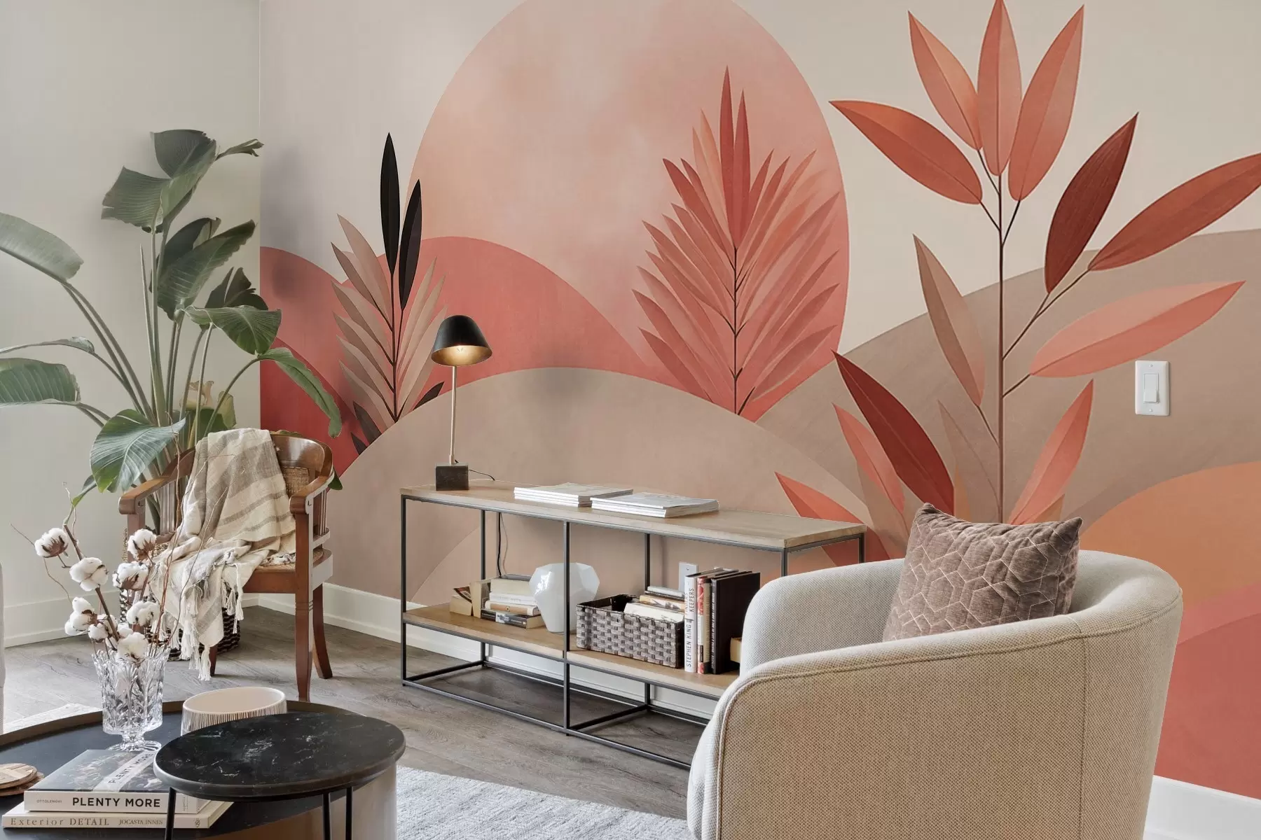 Fototapet Abstraktní boho krajina, slunce za zvlněnými kopci, rostliny v popředí, minimalistické, texturované, tlumené barvy w09608