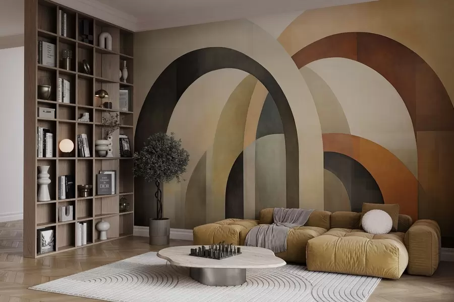 Fototapet Abstraktní texturované geometrické oblouky v zemitých tónech béžové, hnědé a šedé, vrstvený moderní architektonický design w09611