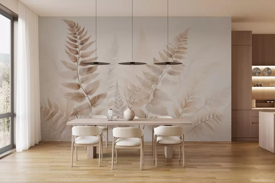 Fototapet Texturované sušené listy kapradiny v různých odstínech hnědé barvy, s jemným, světlým pozadím ve stylu akvarelu. w09615