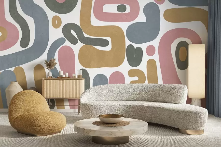 Fototapet Abstraktní texturované tvary v pastelově růžové, tlumeně modré, hořčičně žluté a šedé barvě na bílém pozadí moderní umění w09620