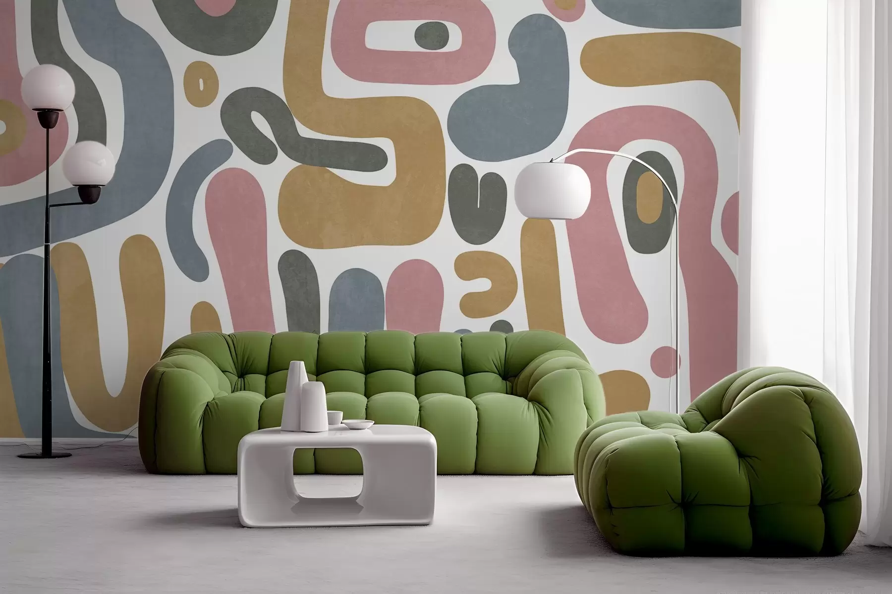 Fototapet Abstraktní texturované tvary v pastelově růžové, tlumeně modré, hořčičně žluté a šedé barvě na bílém pozadí moderní umění w09620