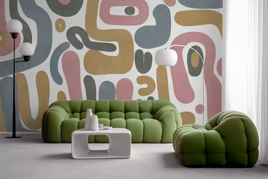 Fototapet Abstraktní texturované tvary v pastelově růžové, tlumeně modré, hořčičně žluté a šedé barvě na bílém pozadí moderní umění w09620